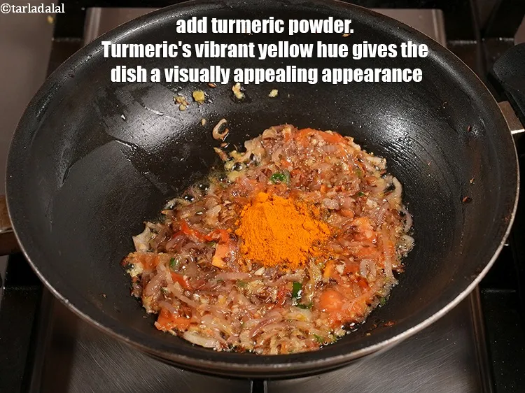 Step 18 – Add 1 tsp <a href="https://www.tarladalal.com/glossary-turmeric-powder-haldi-645i">turmeric powder (haldi)</a>. Turmeric's vibrant yellow hue gives the dish a …