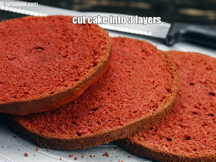 Step 22 – Cut the cake horizontally into 3 equal layers using a sharp serrated knife. Keep aside.