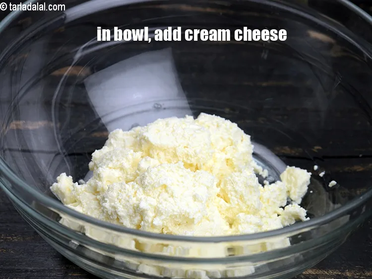 Step 23 – In a deep bowl, add &frac12; cup <a href="https://www.tarladalal.com/glossary-cream-cheese-319i">cream cheese</a>.
