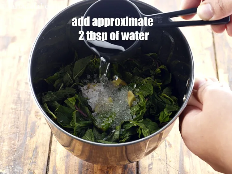 Step 18 – Add approximate 2 tbsps of water to the blender. As the onions and mint will …