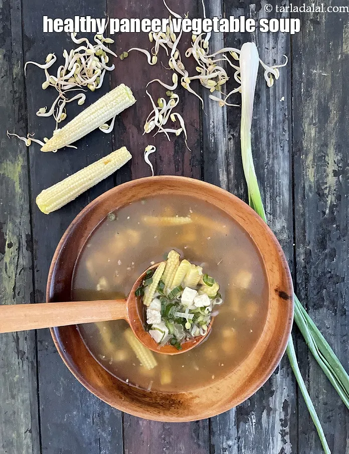 Step 31 – Serve <strong>paneer bean sprouts and spring onion soup | paneer vegetable soup | healthy Indian …