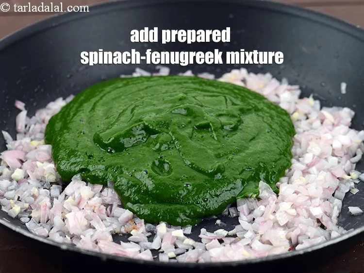 Step 18 – Add 1 tsp <a href="https://tarladalal.com/glossary-sugar-chini-shakkar-278i">sugar</a>&nbsp;and prepared spinach-fenugreek mixture.