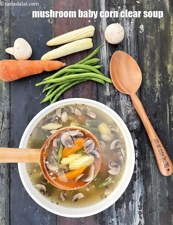 Step 21 – Serve <strong>clear soup with mushroom and baby corn | mushroom baby corn soup | healthy …