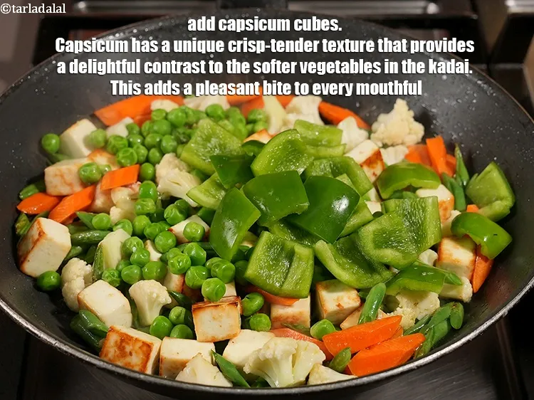 Step 19 – Add &frac34; cup&nbsp;<a href="https://www.tarladalal.com/glossary-capsicum-cubes-170i">capsicum cubes</a>. Capsicum has a unique crisp-tender texture that provides a delightful …