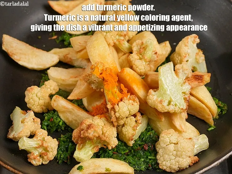 Step 19 – Add &frac14; tsp <a href="https://www.tarladalal.com/glossary-turmeric-powder-haldi-645i">turmeric powder (haldi)</a>. Turmeric is a natural yellow coloring agent, giving …