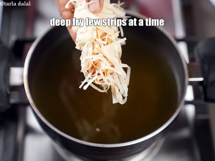 Step 19 – Heat oil in a deep pan, deep fry few strips at a time.