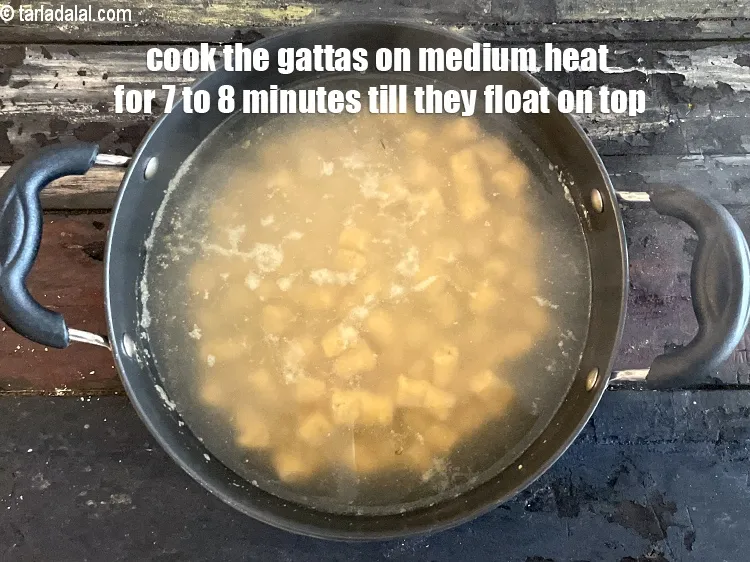 Step 19 – Cook the gattas on medium heat&nbsp;for 7 to 8 minutes till they float on top.&nbsp;