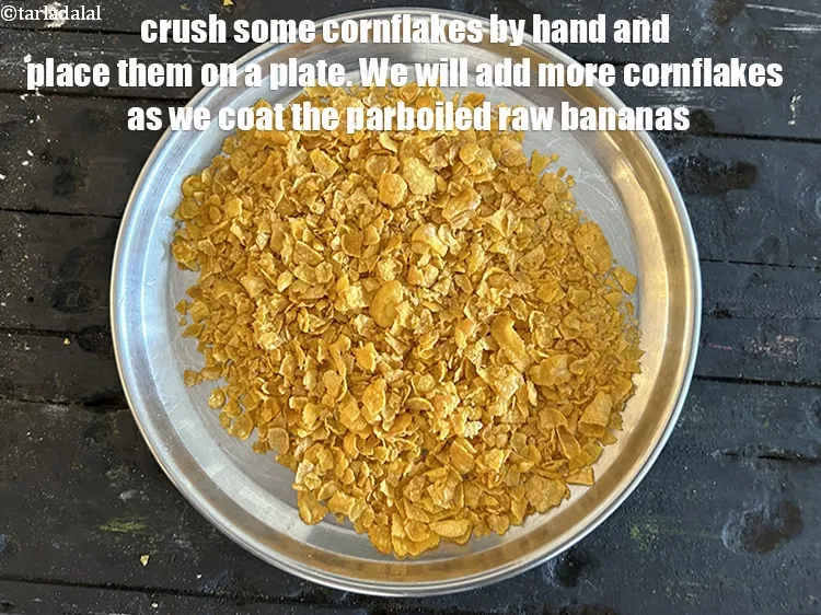 Step 19 – Crush some cornflakes by hand and place them on a plate. We will add more …