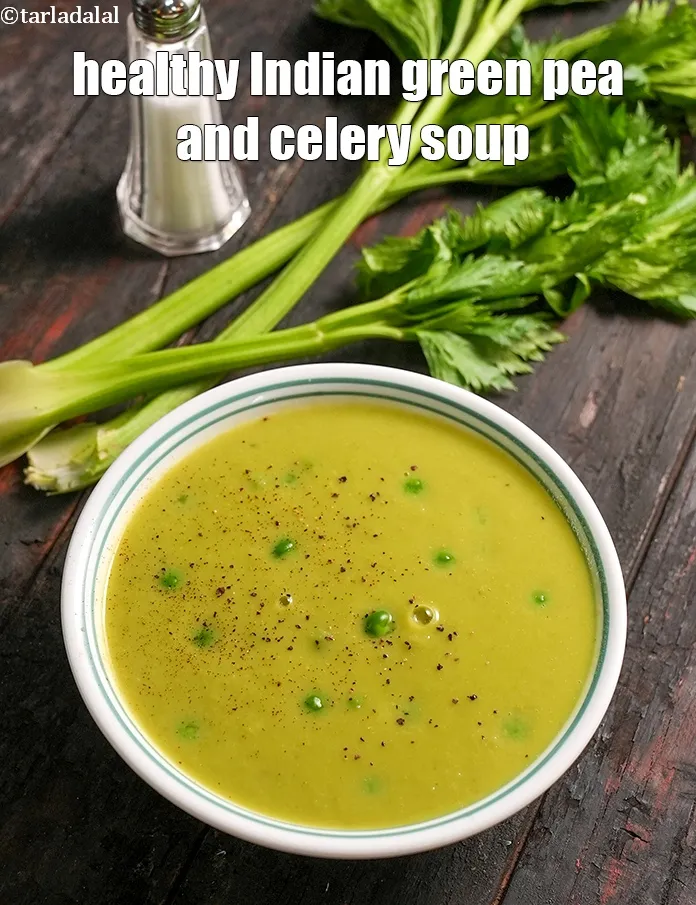 Step 20 – Serve celery and green peas soup hot with&nbsp;<meta charset="UTF-8" />toasted&nbsp;<a href="https://www.tarladalal.com/multigrain-bread-homemade-multigrain-bread-40829r">multigrain bread</a>.