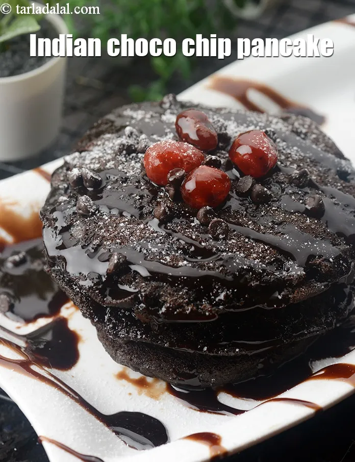 Step 19 – Serve <strong>eggless whole wheat chocolate chip pancakes recipe | Indian choco chip pancake | eggless …