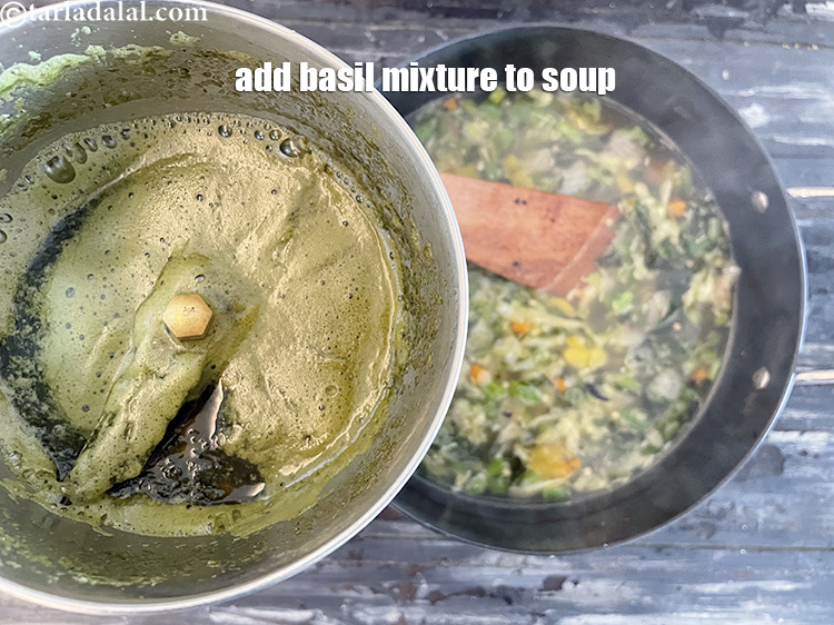 Step 31 – Add the basil mixture to the soup.