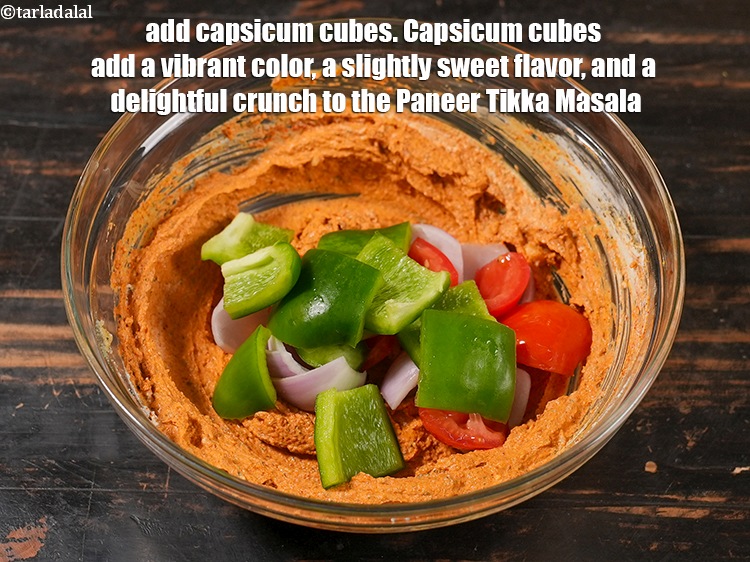 Step 20 – Add &frac12; cup <a href="https://www.tarladalal.com/glossary-capsicum-cubes-170i">capsicum cubes</a>.&nbsp;Capsicum cubes add a vibrant color, a slightly sweet flavor, …