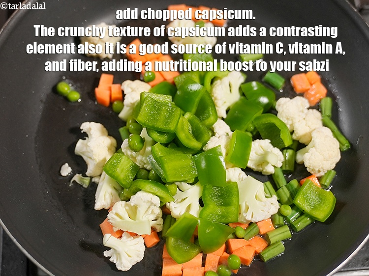 Step 20 – Add &frac12; cup <a href="https://www.tarladalal.com/glossary-chopped-capsicum-164i">chopped capsicum</a>. The crunchy texture of capsicum adds a contrasting element …