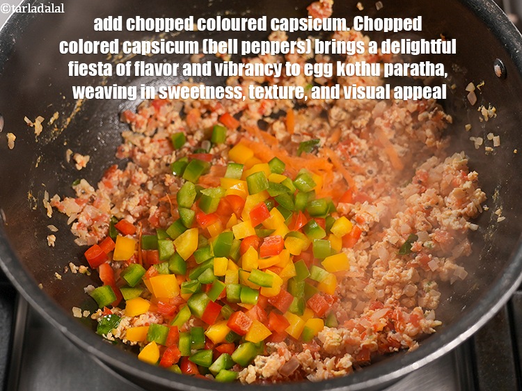 Step 20 – Add &frac12; cup <a href="https://www.tarladalal.com/glossary-chopped-coloured-capsicum-2800i">chopped coloured capsicum</a>.&nbsp;Chopped colored capsicum (bell peppers) brings a delightful fiesta …