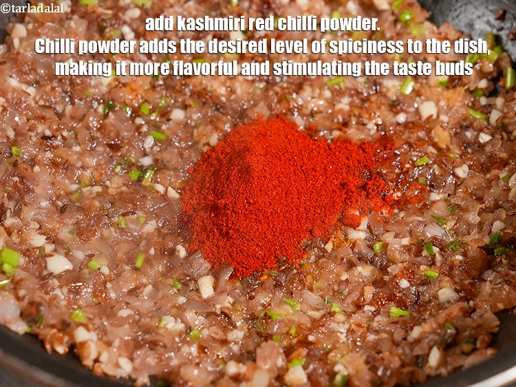 Step 20 – Add &frac12; tbsp <a href="https://www.tarladalal.com/glossary-kashmiri-red-chilli-powder-kashmiri-mirch-powder-2684i">kashmiri red chilli powder</a>. Chilli powder adds the desired level of …