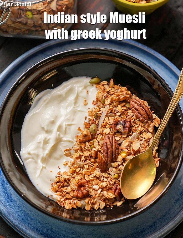 Step 20 – <strong>Indian style Muesli with&nbsp;</strong><a href="glossary-greek-yoghurt-2631i">greek yoghurt</a><strong>&nbsp;or&nbsp;</strong><a href="https://www.tarladalal.com/how-to-make-curd-or-dahi-at-home-2790r">curd</a>&nbsp;or&nbsp;<a href="https://www.tarladalal.com/low-fat-curds-for-weight-loss-diabetics-heart-and-acidity-3962r">low fat curds</a>.