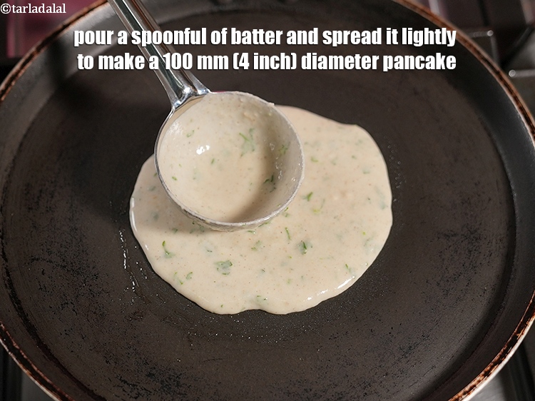 Step 19 – Pour a spoonful of batter and spread it lightly to make a 100 mm (4 …