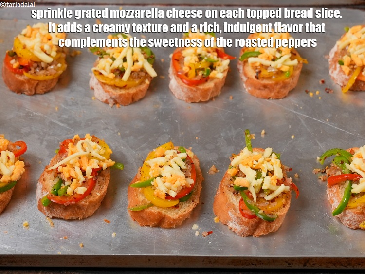 Step 20 – Sprinkle 1 tsp of <a href="https://www.tarladalal.com/glossary-grated-mozzarella-cheese-1022i">grated mozzarella cheese</a> on each topped bread slice. It adds …