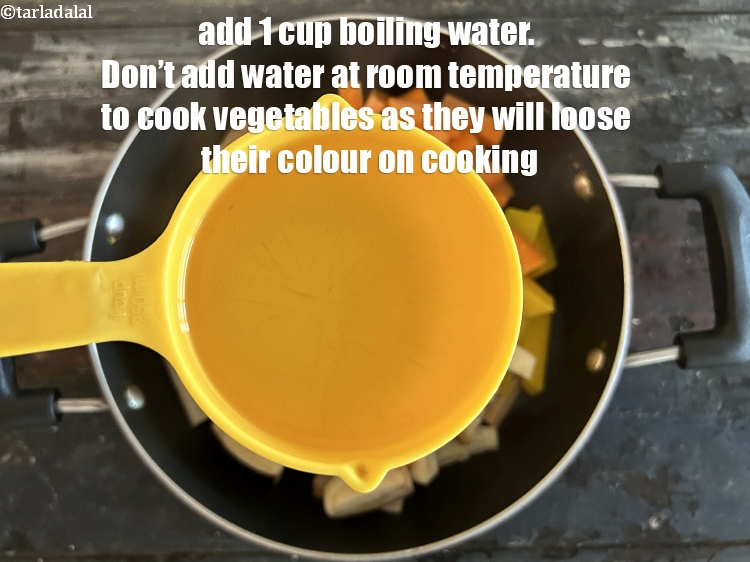Step 20 – <strong>Add 1 cup boiling&nbsp;water.</strong> Don't add water at room temperature to the vegetables as they …