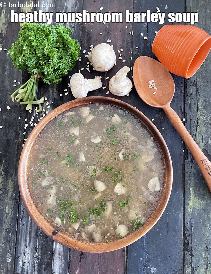 Step 34 – Serve <strong>mushroom soup with barely | Indian barley mushroom soup | healthy&nbsp;barley mushroom soup |&nbsp;</strong>hot.