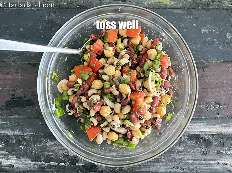 Step 45 – Toss <strong>chawli, rajma and chick pea salad&nbsp;| healthy three bean chaat salad | beans salad …
