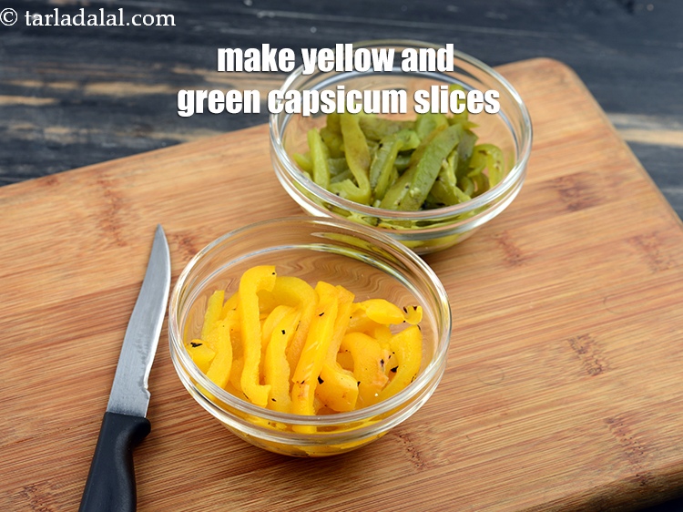 Step 21 – Repeat the&nbsp;steps to make yellow and green capsicum slices.