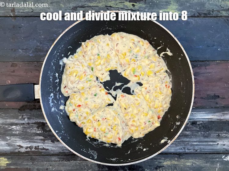 Step 27 – Cool and divide the corn and cheese topping into 8 equal portions. Once cooled, the …