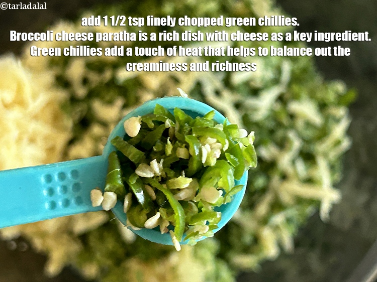 Step 20 – Add&nbsp;<meta charset="UTF-8" />1 1/2 tsp&nbsp;finely&nbsp;<a href="glossary-chopped-green-chilli-820i">chopped green chillies</a>.&nbsp;Broccoli cheese paratha is a rich dish with …