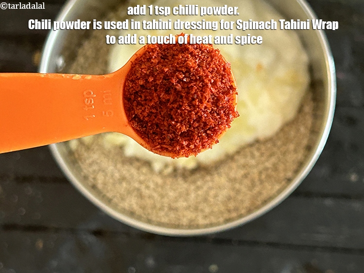 Step 23 – Add&nbsp;<meta charset="UTF-8" />1 tsp&nbsp;<a href="glossary-chilli-powder-red-chilli-powder-339i">chilli powder</a>.&nbsp;Chili powder is used in tahini dressing for Spinach Tahini …