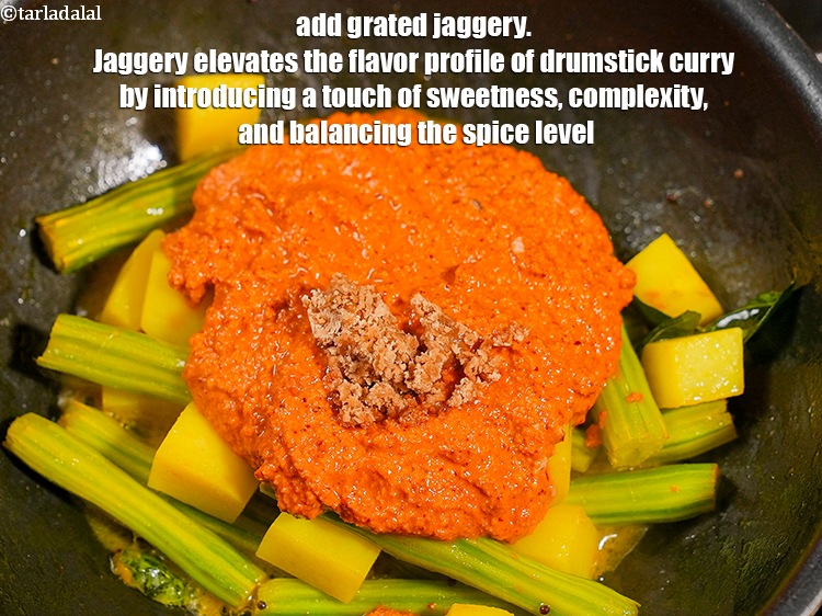 Step 21 – Add 1 tbsp <a href="https://www.tarladalal.com/glossary-grated-jaggery-947i">grated jaggery (gur)</a>. Jaggery elevates the flavor profile of drumstick curry …