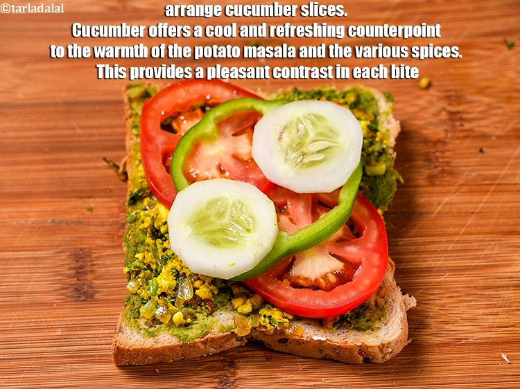 Step 21 – Arrange 2 <a href="https://www.tarladalal.com/glossary-cucumber-slices-2698i">cucumber slices</a>. Cucumber offers a cool and refreshing counterpoint to the warmth …