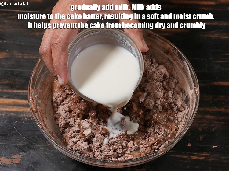 Step 21 – Gradually add 1/3 cup <a href="https://www.tarladalal.com/glossary-milk-doodh-full-cream-milk-514i">milk</a>. Milk adds moisture to the cake batter, resulting in …