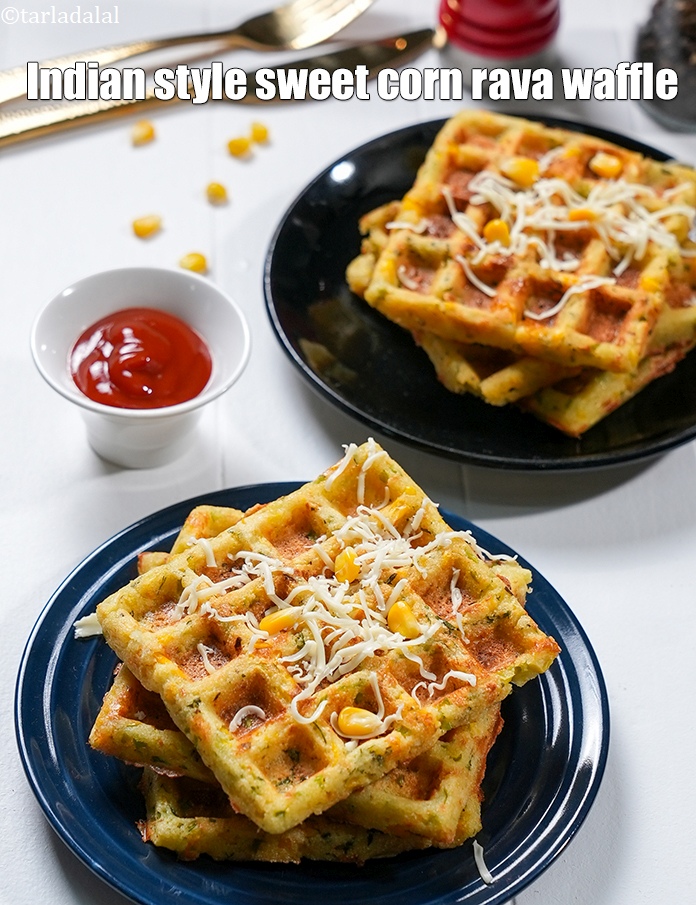 Step 21 – Serve <strong>cheese corn rava waffle</strong> immediately garnished with cheese.