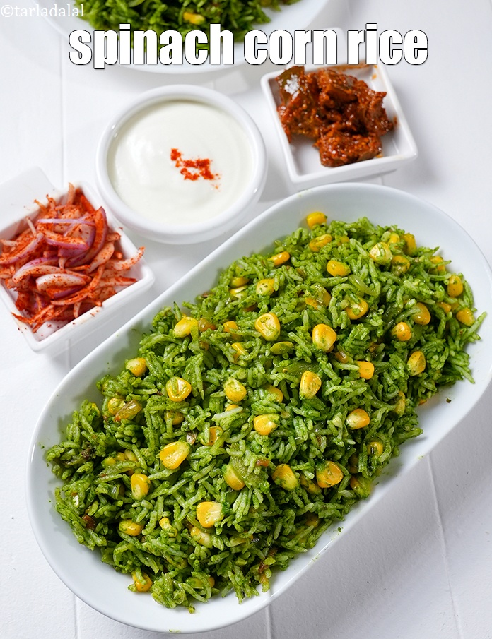 Step 25 – Serve <strong>corn palak pulao</strong> hot.