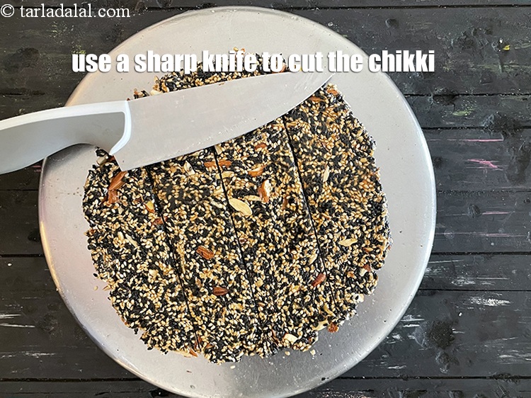 Step 20 – Use a sharp knife to cut the chikki.