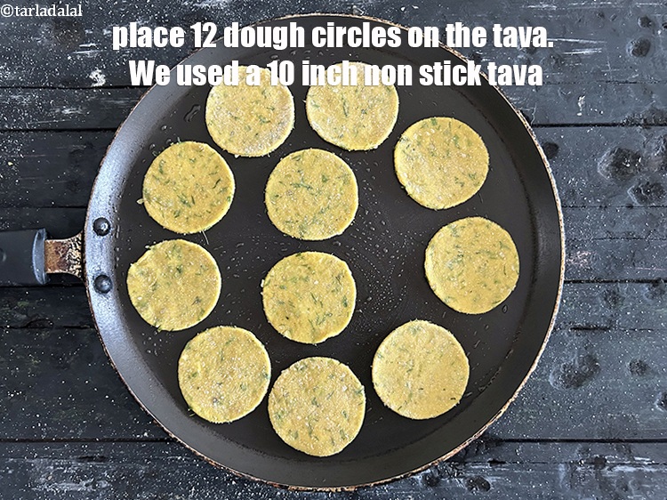 Step 30 – Place 12&nbsp;circles on the tava. We used a 10 inch non stick tava.