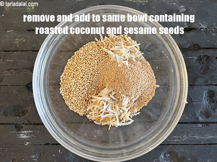 Step 21 – <meta charset="UTF-8" /> Remove it in the bowl containing roasted dry coconut and sesame seeds.&nbsp;Keep …