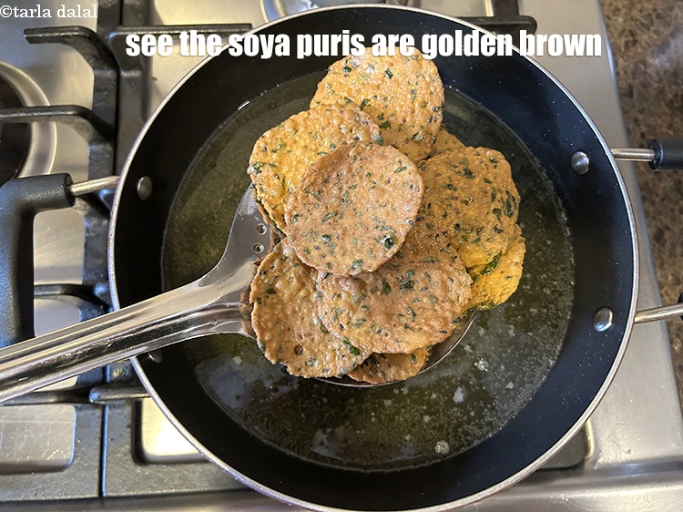 Step 21 – See the soya puris are golden brown.