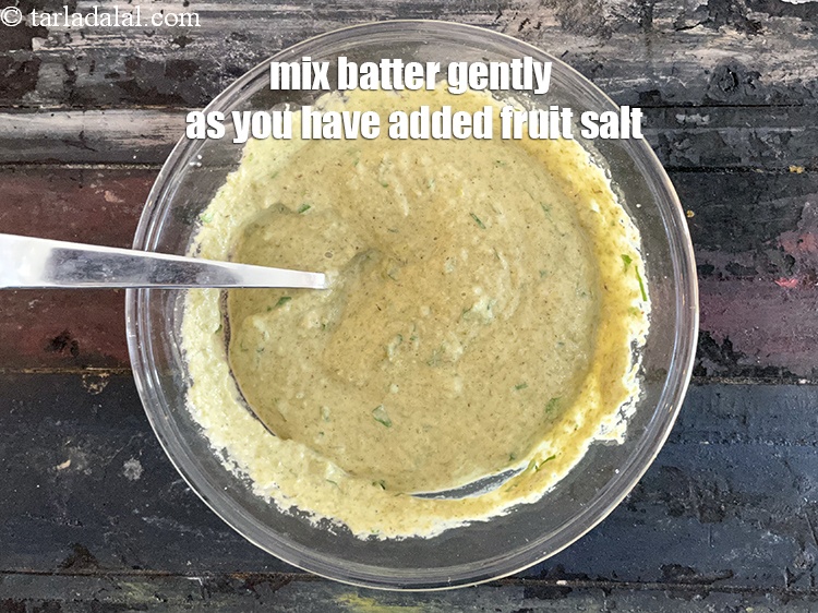 Step 51 – <strong>Mix the batter gently as you are adding fruit salt. </strong>Then immediately prepare the moong …