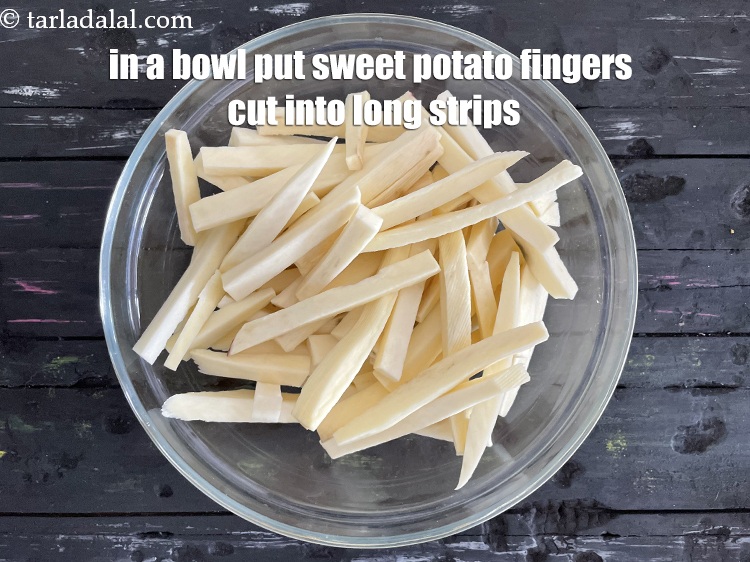 Step 10 – In a bowl place&nbsp;<meta charset="UTF-8" />2 cups&nbsp;<a href="glossary-sweet-potato-fingers-2581i">sweet potato fingers</a>&nbsp;cut into thin long strips.