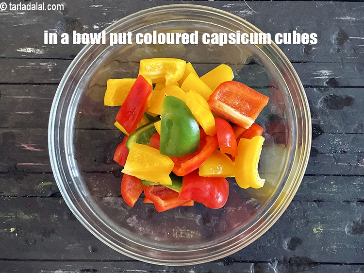 Step 4 – in a bowl put&nbsp;<meta charset="UTF-8" />2 cups&nbsp;<a href="glossary-chopped-coloured-capsicum-2800i">chopped coloured capsicum</a>.