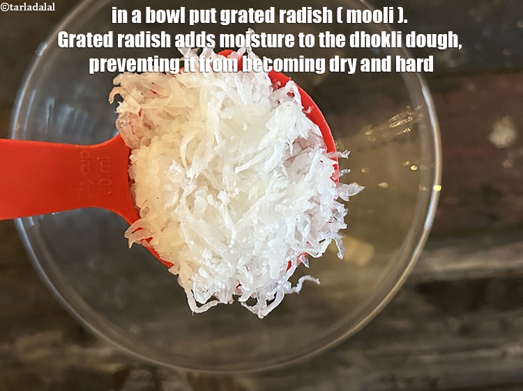 Step 43 – <meta charset="UTF-8" /> In a bowl put &nbsp;<a href="glossary-grated-radish-953i">grated radish (mooli)</a>&nbsp;squeeze and remove excess water …