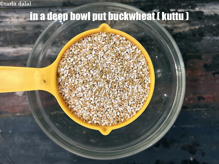 Step 1 – In a deep glass bowl, put 1 1/4 cups buckwheat.&nbsp;