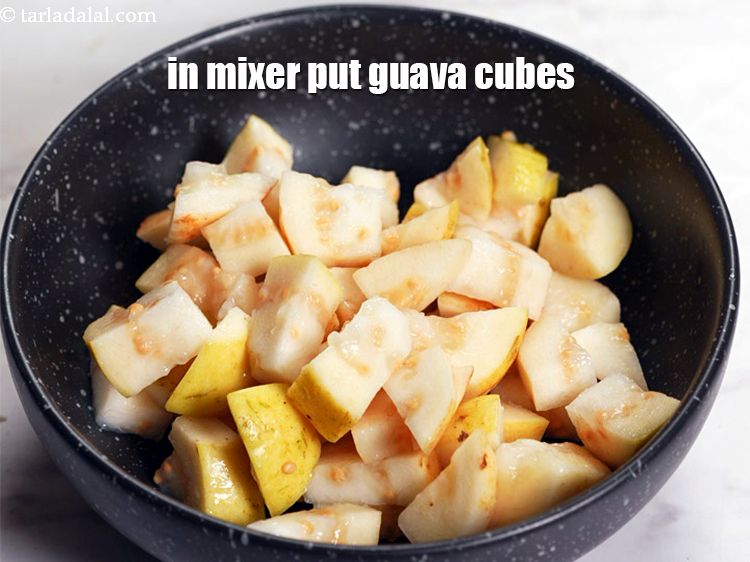 Step 3 – In a mixer put 1&frac14; cups <a href="https://www.tarladalal.com/glossary-guava-cubes-2269i">guava cubes</a>&nbsp;(with seeds)&nbsp;