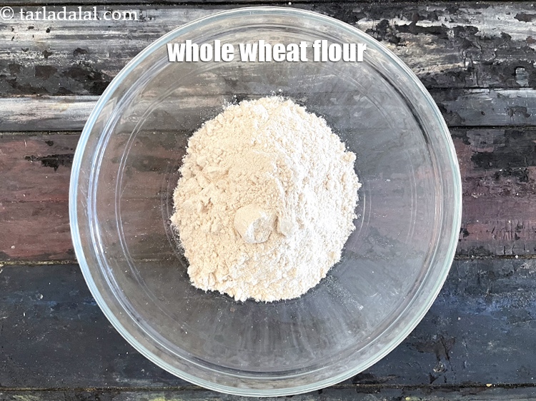 Step 5 – In a deep bowl put&nbsp;<meta charset="UTF-8" />3/4 cup&nbsp;<a href="glossary-whole-wheat-flour-gehun-ka-atta-gehun-ka-aata-429i">whole wheat flour (gehun ka atta)</a>.