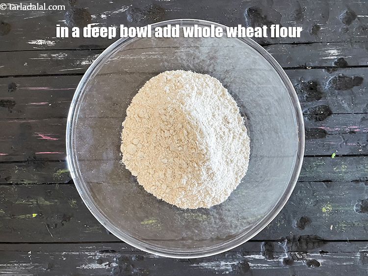 Step 4 – In a deep bowl put&nbsp;<meta charset="UTF-8" />1 cup&nbsp;<a href="glossary-whole-wheat-flour-gehun-ka-atta-gehun-ka-aata-429i">whole wheat flour (gehun ka atta)</a>.
