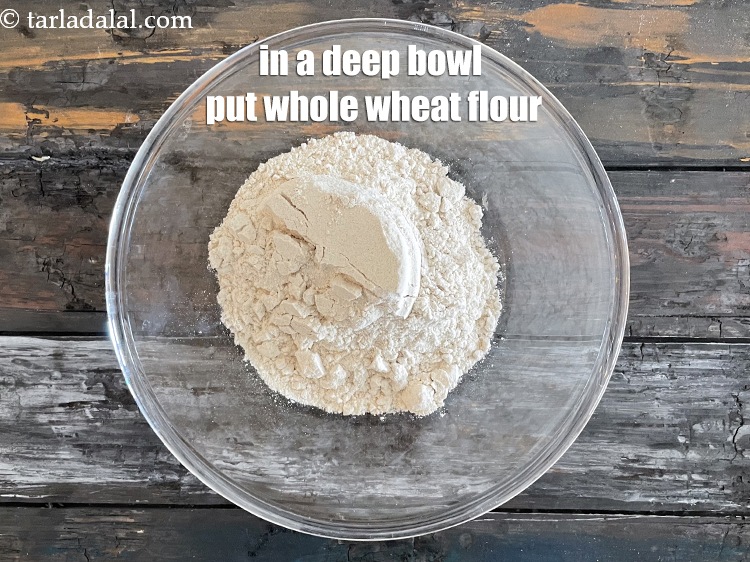 Step 3 – In a deep bowl put&nbsp;<meta charset="UTF-8" />1 cup&nbsp;<a href="glossary-whole-wheat-flour-gehun-ka-atta-gehun-ka-aata-429i">whole wheat flour (gehun ka atta)</a>.