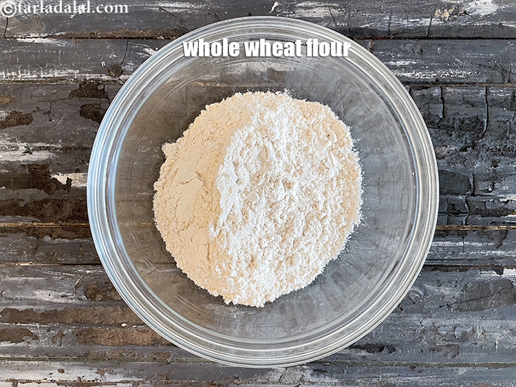 Step 3 – In a deep glass bowl put&nbsp;<meta charset="UTF-8" />1 cup&nbsp;<a href="glossary-whole-wheat-flour-gehun-ka-atta-gehun-ka-aata-429i">whole wheat flour (gehun ka atta)</a>.