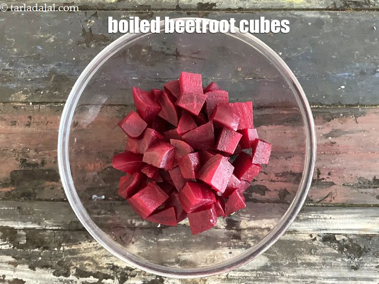Step 12 – In a bowl put&nbsp;1&nbsp;1/2 cups&nbsp;<a href="glossary-beetroot-cubes-2419i">boiled beetroot cubes</a>.