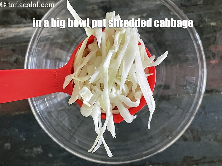 Step 4 – In a bowl put&nbsp;<meta charset="UTF-8" />1/4 cup&nbsp;<a href="glossary-shredded-cabbage-763i">shredded cabbage</a>.